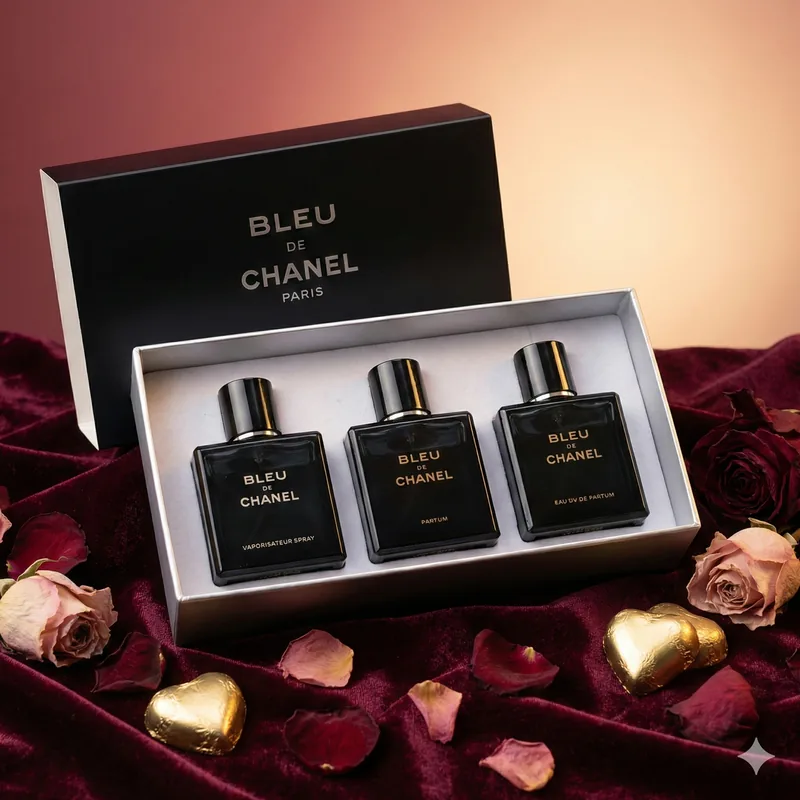 Bleu de Chanel three-concentration set — EDT, EDP and Parfum in black bottles