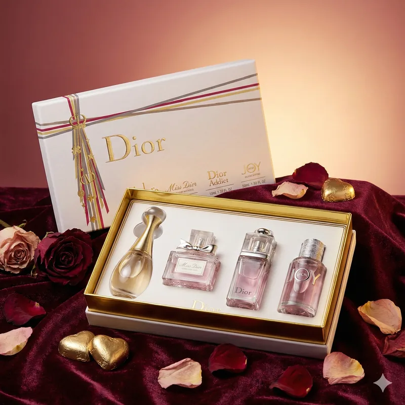 Dior iconic women's miniature set — J'adore, Miss Dior, Dior Addict and Joy bottles in gold-trimmed box