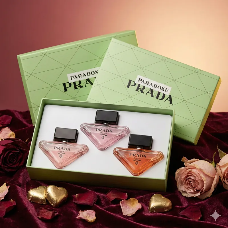 Prada Paradoxe perfume discovery set — three triangular bottles in pink and amber tones