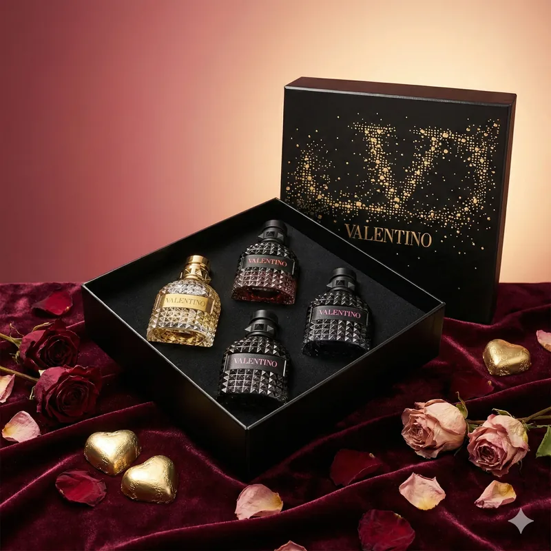 Valentino Uomo Born in Roma set — four studded bottles in gold and black tones