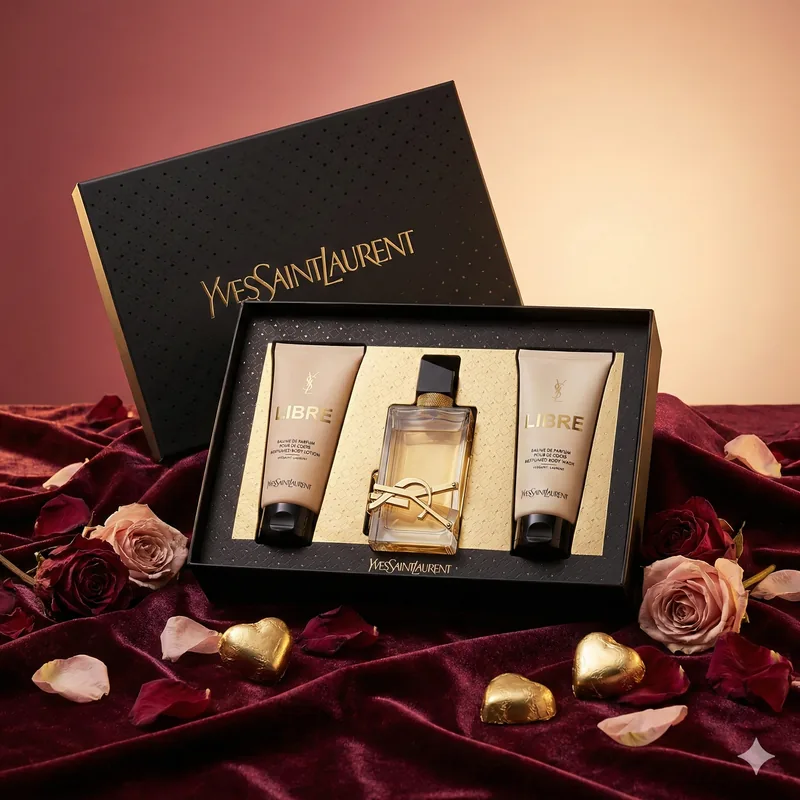 YSL Libre gift set — EDP bottle with body lotion and body wash in black and gold YSL box